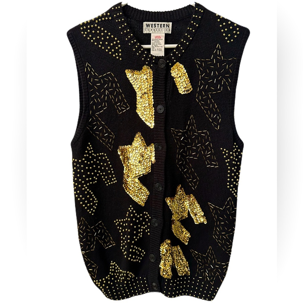 90s Vintage Womens Size Large Sequin & Beaded Festive Knit Vest Black & Gold